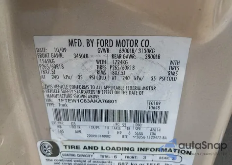 2010 Ford F-150 Fx2 Sport/Xl/Xlt z USA, uszkodzony, nr VIN 1FTEW1C83AKA76801